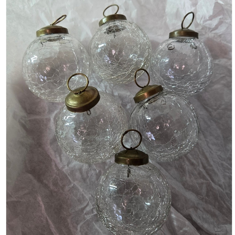 Restoration Hardware Crackle Glass Ornaments Set of 6 Clear Brass Vintage Style - Picture 2 of 5